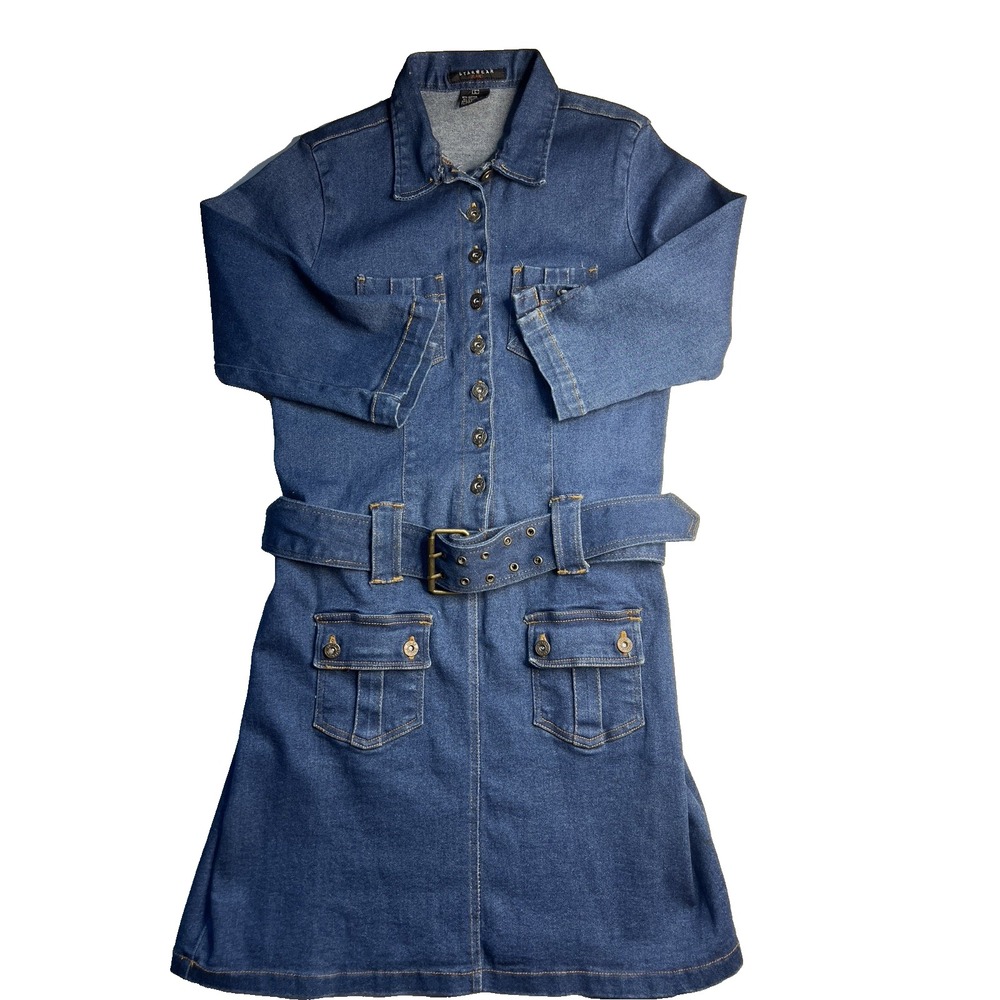 Vtg Y2K Starwear Blue Jean Denim Women Dress L Hip Hop Belted City Club